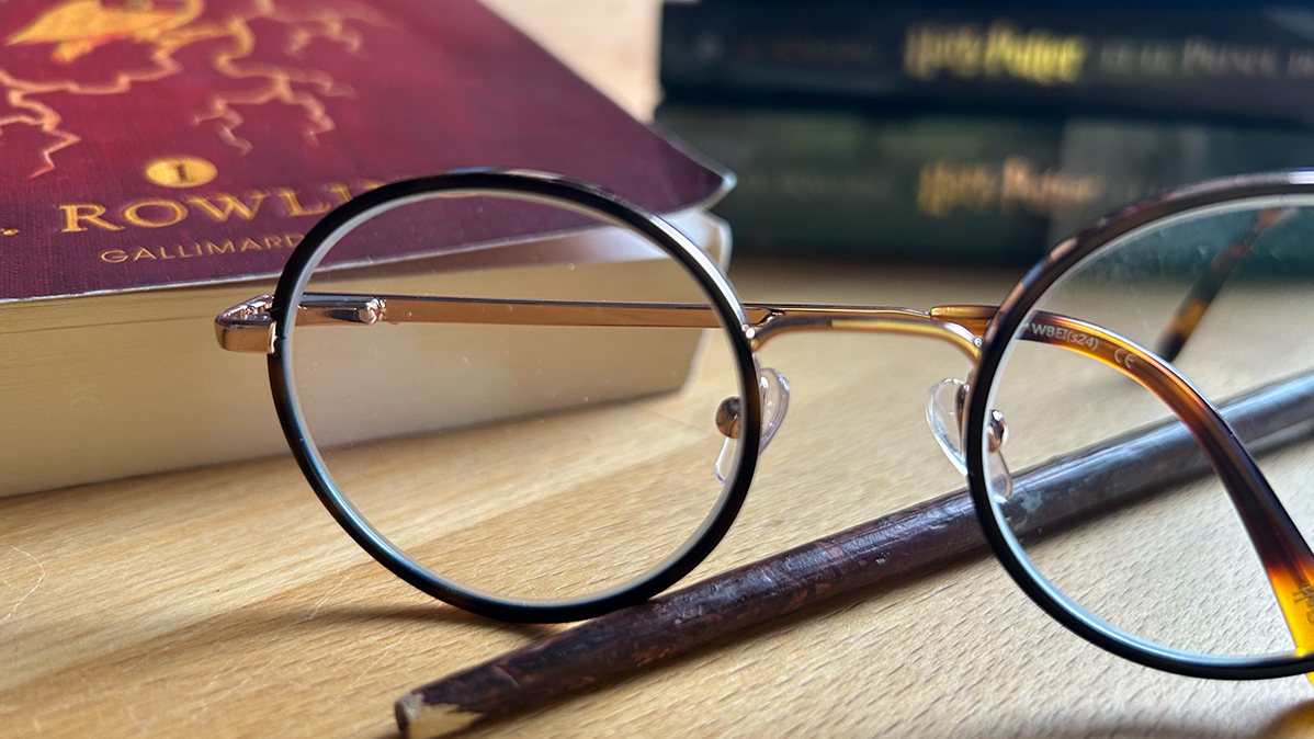 Harry-Potter Brille, Zauberstab und Bücher