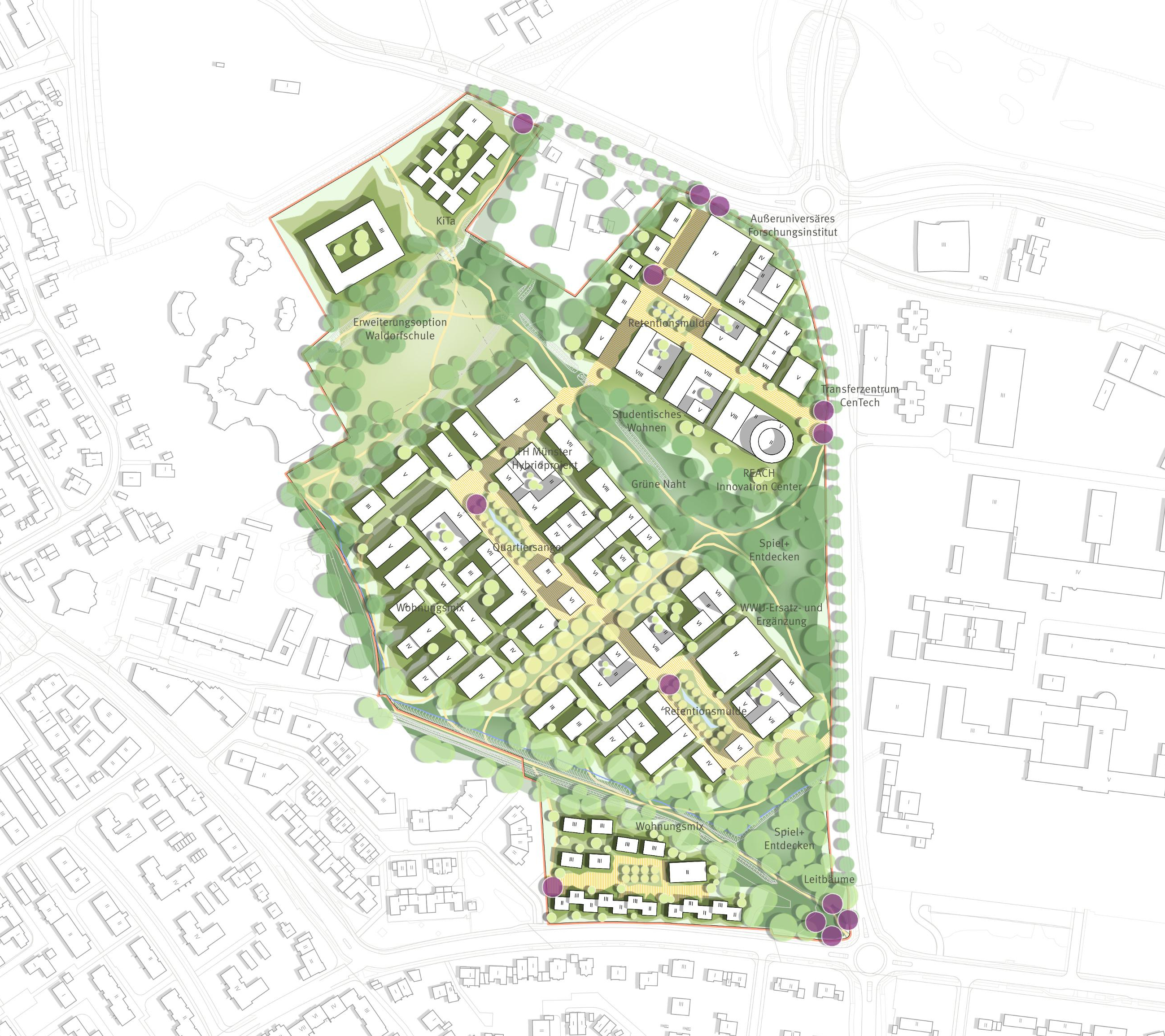 Städtebaulich-landschaftsplanerischer Entwurf des Planungsteams SCHAMP & SCHMALÖER Architekten Stadtplaner PartGmbB (Dortmund), BÜRO N (Dortmund), KaiserIngenieure (Dortmund)