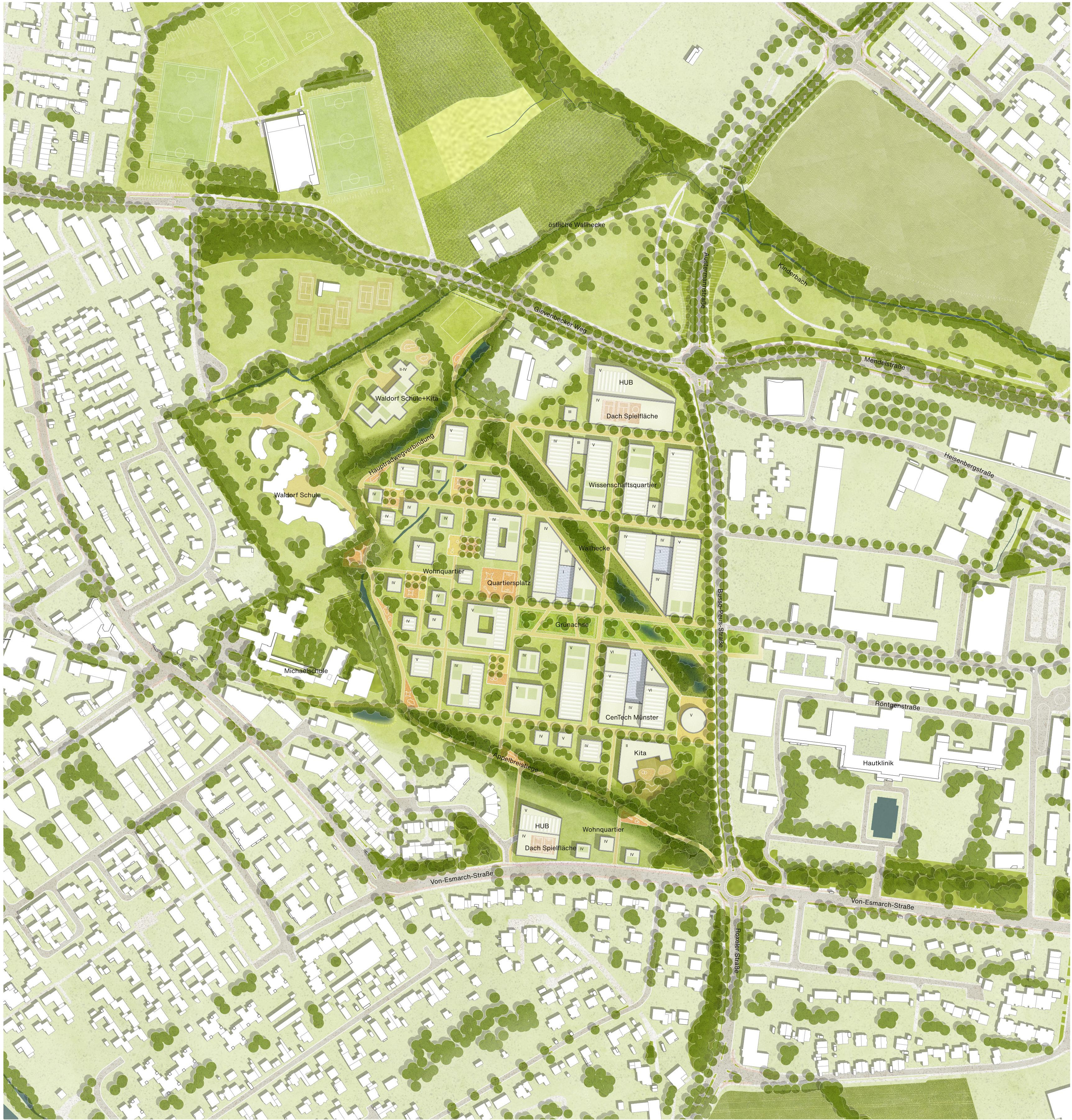 Städtebaulich-landschaftsplanerischer Entwurf des Planungsteams Molestina Architekten + Stadtplaner GmbH (Köln), studio grüngrau Landschaftsarchitektur GmbH (Düsseldorf), Ingenieurbüro Reinhard Beck GmbH & Co.KG (Wuppertal)