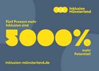 Flyer zur Kampagne Inklusion Münsterland. Blau-grauer Hintergrund mit gelber Schrift: Inklusion Münsterland. Fünf Prozent mehr Inklusion sind 5000 Prozent mehr Potential! inklusion-muensterland.de