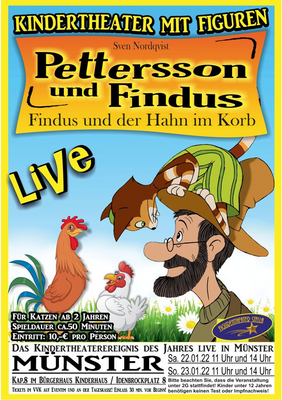 Veranstaltungsplakat mit Petterson, Findus und einem Hahn