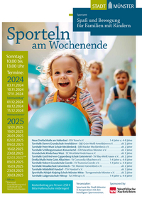 Plakat mit allen Terminen und Turnhallen. Auf dem Foto spielen drei Kleinkinder fröhlich lachend mit großen blauen Bällen.