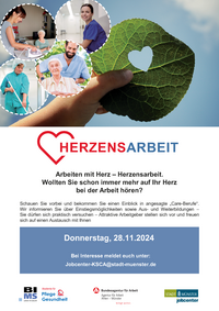 Flyer Herzensarbeit. Oben sind verschiedene Tätigkeiten aus Pflegeberufen zu sehen und ein Blatt mit einem ausgestanzten Herz. Darunter befindet sich ein Text mit Informationen zu der Veranstaltung.