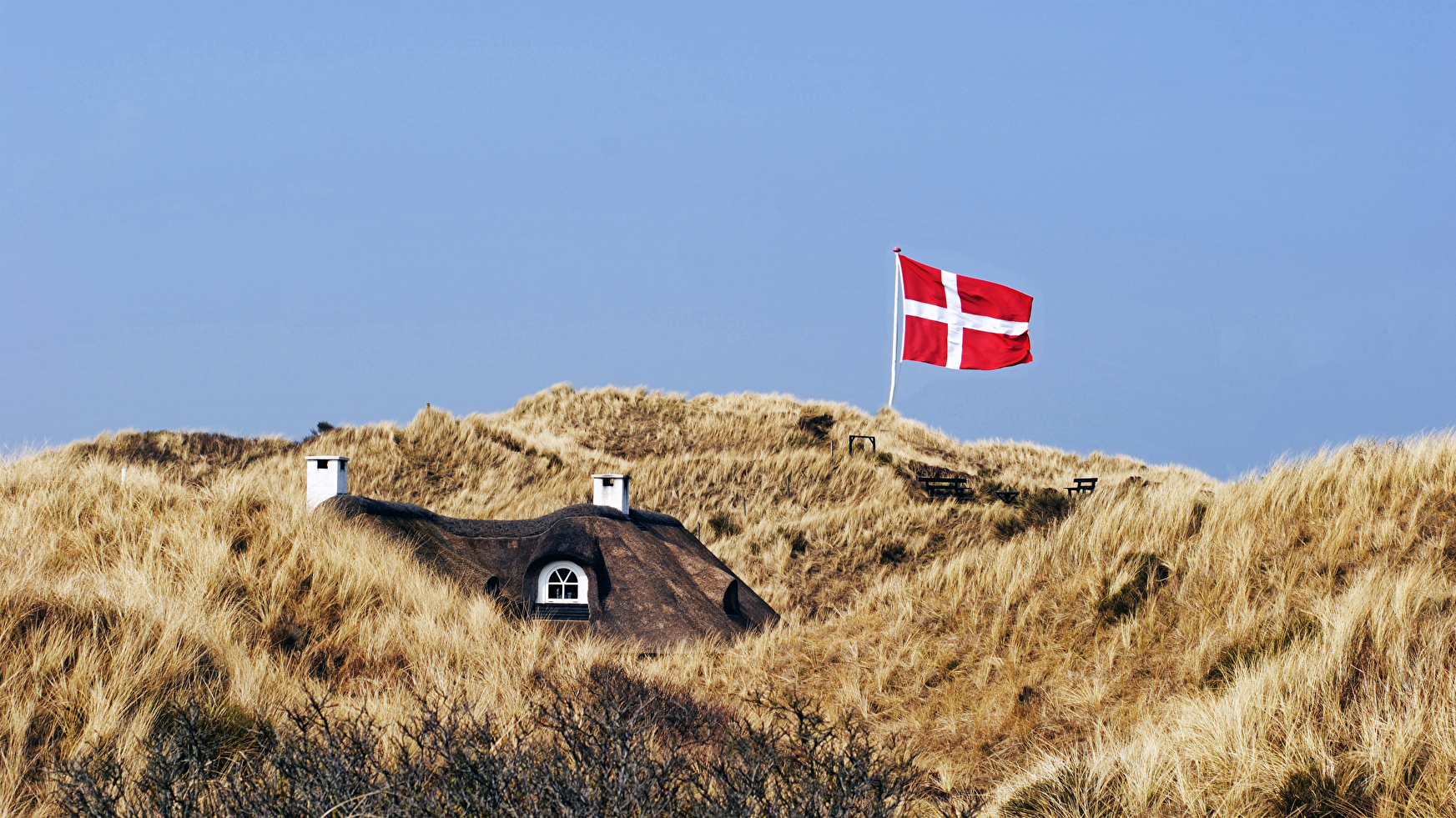 Mitten in den Dünen steht ein kleines Haus mit Fahnenmast und dänischer Fahne vor der Tür