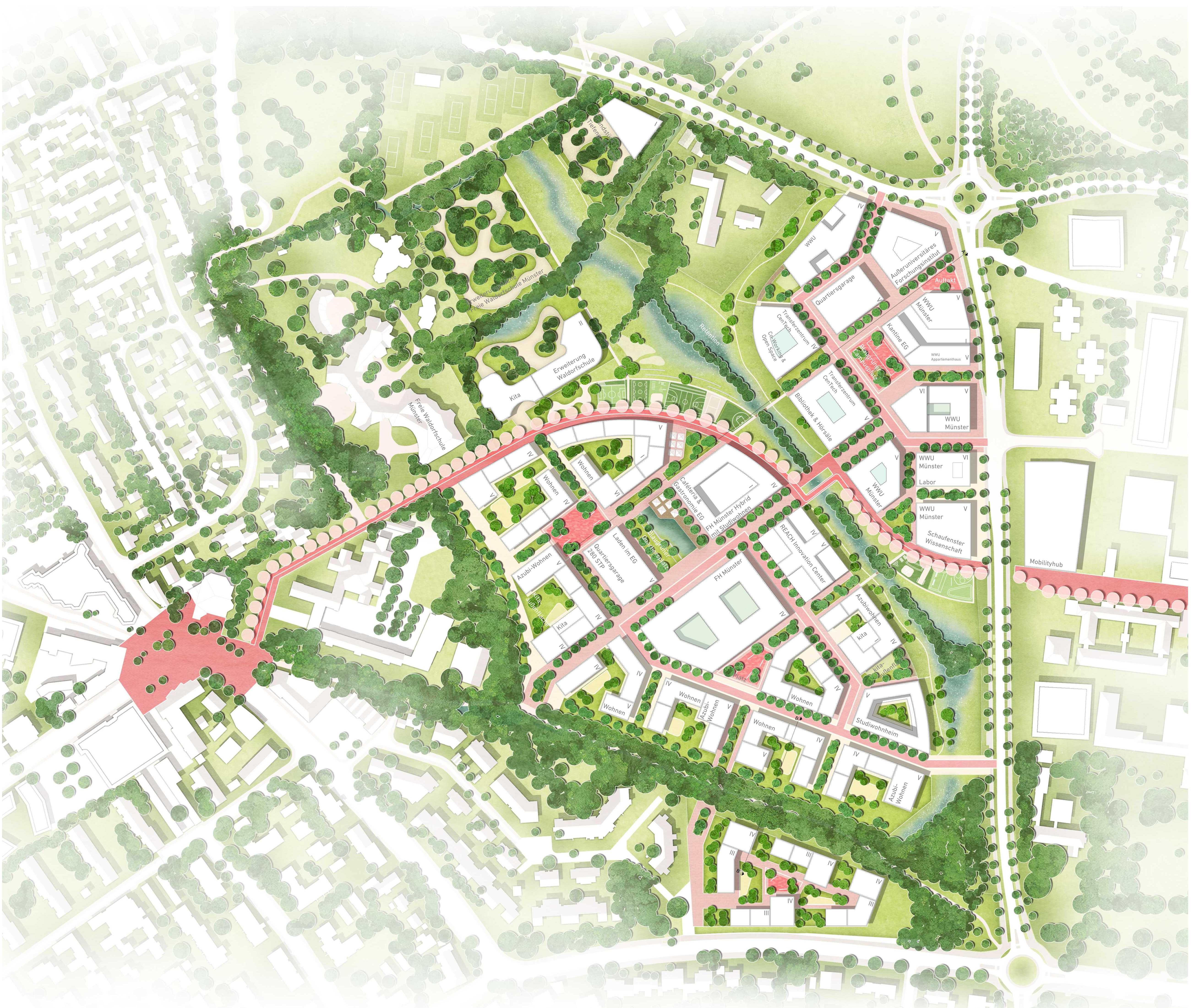 Städtebaulich-landschaftsplanerischer Entwurf der Planungsgemeinschaft Raumwerk Gesellschaft für Architektur und Stadtplanung mbH (Frankfurt /M.), KRAFT. RAUM. (Düsseldorf), Ingenieurbüro Angenvoort + Barth Partnerschaft (Krefeld)