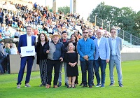 Jubiläums-Tatort-Open-Air-Premiere - am 30.8.2022 im Preußenstadion in Münster, v.l.. Jörg Schönenborn, Mechthild Großmann, Axel Prahl, Claus D. Clausnitzer, Christine Urspruch, Sophie Seitz, Jan Josef Liefers, Björn Meyer, Markus Lewe, Alexander Bickel