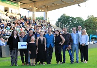 Jubiläums-Tatort-Open-Air-Premiere - am 30.8.2022 im Preußenstadion in Münster, v.l.. Mechthild Großmann, Axel Prahl, Claus D. Clausnitzer, Christine Urspruch, Björn Meyer, Janis Ratteni, Jan Josef Liefers, Sophie Seitz, Jan Georg Schütte, Alexander Bickel, Benjamin Hessler