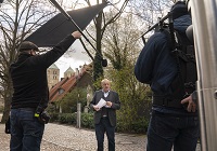 Dreharbeiten für neue Wilsberg-Folgen im April 2021 in Münster. Foto: Thomas Kost