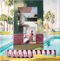 Collage von Barbara Howe
Zu sehen ist ein Mix aus Palmen, Architektur in deren Bildmitte ein Mädchen mit einem Gummiband beschäftigt ist. Das Bild hat in seiner Farbigkeit und der Motivauswahl eine 50iger Jahre Anmutung.