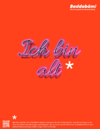 Plakat: Ich bin alt (Hintergrund Orange, Lilafarbener Schriftzug)