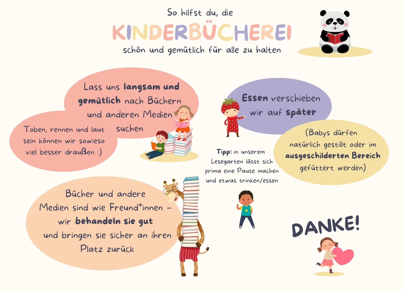 Regeln für die Kinderbücherei: nicht toben, nicht essen, Bücher und Medien werden gut behandelt