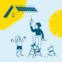 Auf dieser Illustration zum Klima-Stadtvertrag Münster schraubt eine Mütter eine LED-Birne ein. Kind und Hund jubeln ihr zu. Das Haus der Familie hat ein Solardach.