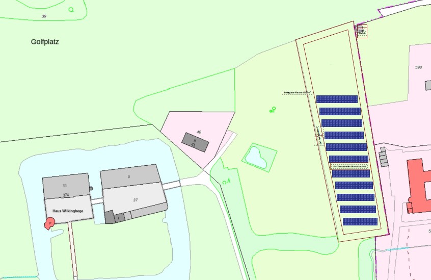 Eine Karte des Hotel Schloss Wilkinghege auf der zu sehen ist, wo sich die Photovoltaik-Anlage befindet