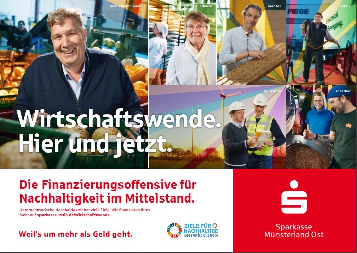 Ein Screenshot der Sparkasse mit einer Collage an Bildern zur Energiewende wie Personen in Arbeitsjacke vor einem Windrad